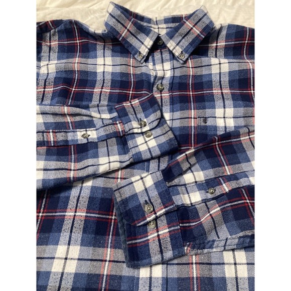 MEN'S NAVY BLUE/RED & WHITE PLAID FLANNEL LONG SLEEVE SHIRT BY IZOD - LARGE - Picture 1 of 9